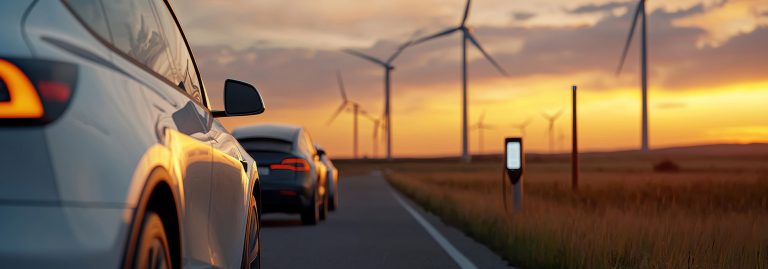 Carros elétricos numa estrada ao entardecer, com turbinas eólicas ao fundo.
