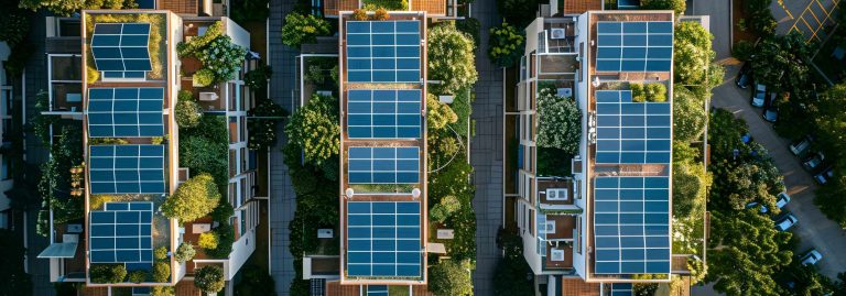 Vista aérea sobre um zona residencial, com painéis solares no topo dos edifícios