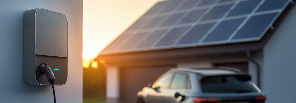sistema de carregamento de VE's e uma casa de habitação com painel fotovoltaico no fundo